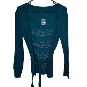 New Apt.9 Cardigan Shirt Womens Blue M One Piece Belted Tie Ruffle Soft BNWT